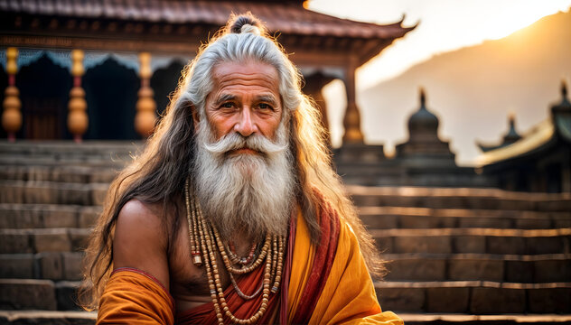 Elderly Indian guru with long white beard in traditional attire at temple