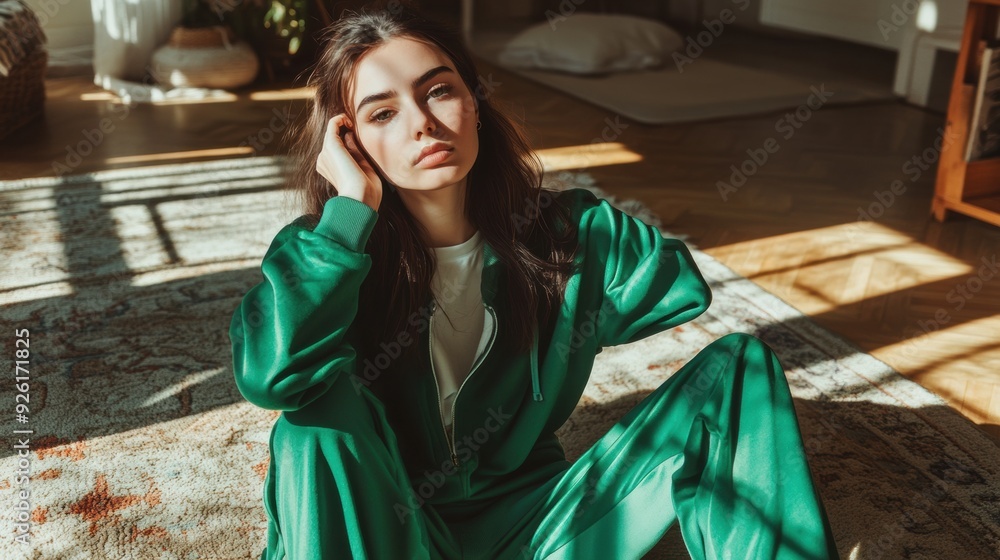 Canvas Prints A woman sitting on the floor in a green suit, AI