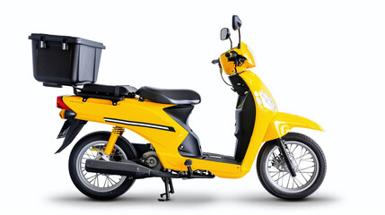 Obraz premium side view of a yellow cargo motorcycle, isolated on a white background