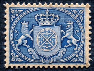 Vintage Swedish postage stamp featuring the grand coat of arms with three crowns, lion, and shield, surrounded by ornate details and regal motifs in blue.