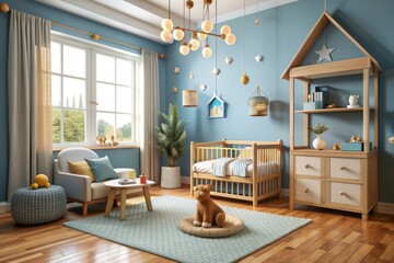 Cozy child's room showcases warm wooden accents, calming blue walls, plush toys, and personal touches, exuding a sense of playful sophistication and nurturing comfort.