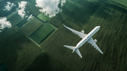 Sustainable aviation fuel enables net zero emissions flight above soybean farm. Concept Sustainable Aviation Fuel, Net Zero Emissions, Flight, Environmental Impact. generative ai