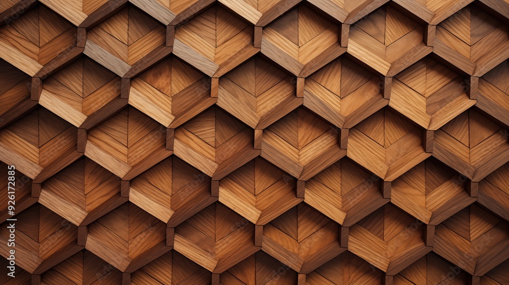 Aufkleber a close-up view of a wooden wall featuring a geometric pattern of hexagonal shapes. the wood has a r