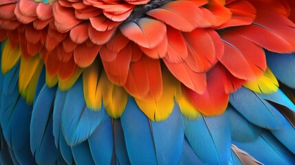 Fototapeta premium Intricate close-up photograph of vibrant parrot feathers, showing a stunning mix of red, yellow, and blue hues, emphasizing the beauty and texture of the plumage.