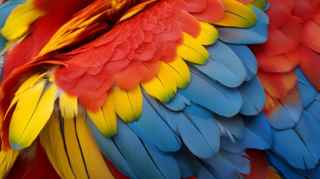 Detailed close-up image of a parrot's vibrant feathers, showcasing an exquisite array of colors ranging from red to blue to yellow, highlighting their intricate beauty.