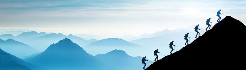 A group of climbers ascends a mountainous landscape, silhouetted against a serene blue sky, symbolizing adventure and perseverance.
