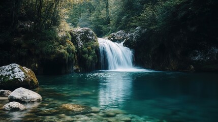 Fototapeta premium Stunning Single Blue Waterfall Cascading in a Serene Natural Setting