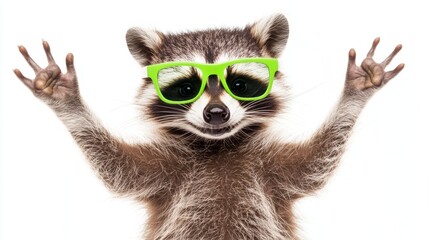 Fototapeta premium A cheerful raccoon wearing bright green sunglasses raises its arms in excitement, creating a lively and joyful image full of personality and playful spirit.