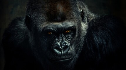 Obraz premium A striking portrait of a majestic gorilla bathed in intense lighting, highlighting its powerful presence and thoughtful gaze while contrasting against a dark background.