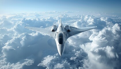 Futuristic Military Jet Soaring High Above Clouds, Dominating the Skies, Advanced Aircraft, Clear Day