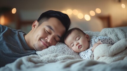 Asian father and baby peacefully sleeping in bed under cozy blankets, highlighting a serene and loving parent-child bond at night.