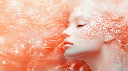 Fototapeta premium Ethereal Beauty: Graceful Woman with Coral Mist and Pearl Accents