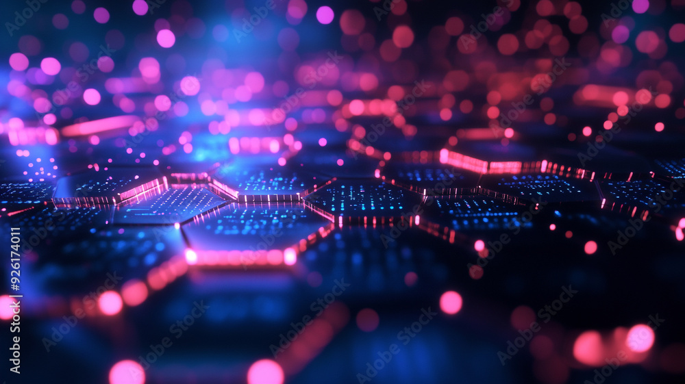 Poster vibrant hexagonal pattern with glowing lights in a digital abstract setting
