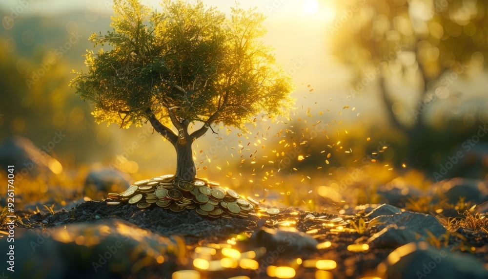 Wall mural tree growing with coins in sunlight