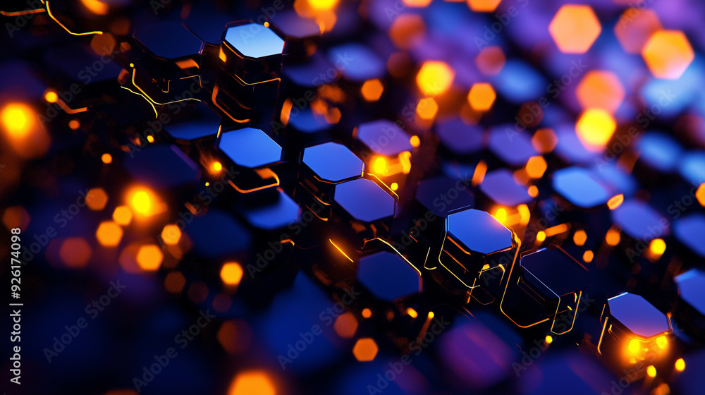 Poster abstract close-up of illuminated hexagonal shapes with glowing edges and dark background