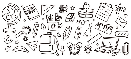 Cute school icon. Sticker education. Stationery, pen and pencil, craft tool, diary office notepads. Doodle drawn. Child pattern, student clipart, study accessories. Vector cartoon line illustration