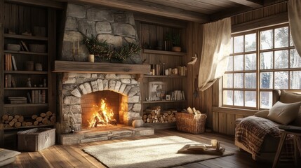 A fireplace in a living room with books and pillows, AI