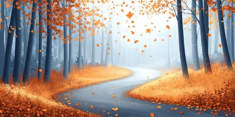 Misty autumn forest with vibrant orange leaves and a winding path, creating a serene and magical woodland scene.