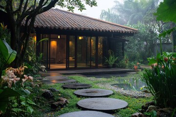 Fototapeta premium Minimalist Japanese-style house with a tiled roof and glass walls, surrounded by a zen garden with stepping stones and manicured bushes.