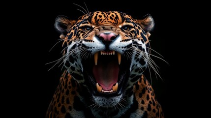 Naklejka premium Image captures a jaguar mid-roar, showcasing its powerful jaws and sharp fangs, symbolizing raw power and the wild, untamed nature of big cats in their natural habitat, commanding presence.