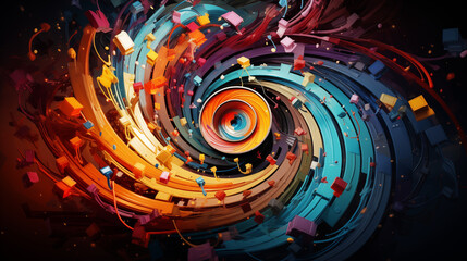 Explosive Spiral of Colorful Cubes and Dynamic Streaks in High-Energy Digital Artwork
