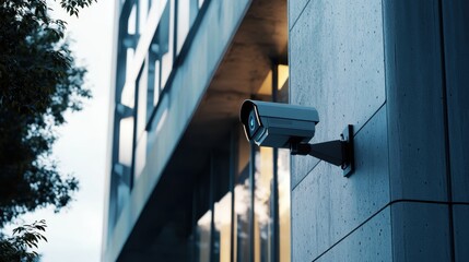 Futuristic AI-Powered Security System Monitoring Modern Building with Integrated Cameras and Sensors