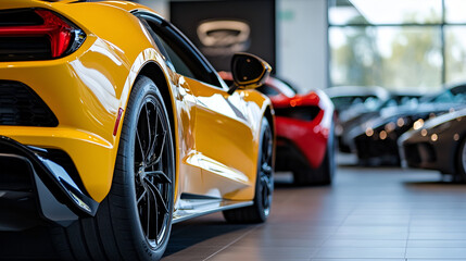 Car parked at outdoor parking lot. Used car for sale and rental service Show a close-up of the front grilles and headlights of cars lined A many new cars different colour on the parking, Generative AI