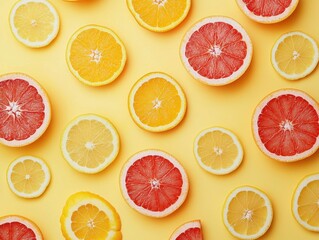 A vibrant arrangement of citrus fruit slices on a yellow background.