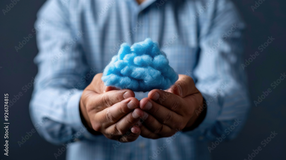 Aufkleber man holding a blue cloud icon, representing cloud computing and online data storage in a modern tech