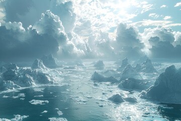 A powerful visualization of climate change with melting polar ice caps. This image features icebergs slowly disintegrating into the ocean, with vast open water taking over the once-icy landscape. The