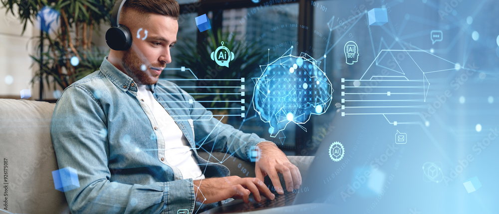 Poster man using laptop, virtual screen with ai icons and machine learning