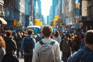 Obraz premium A lone individual walks through a busy street, surrounded by others who seem disconnected and unaware. The contrast of the solitary figure moving amidst the crowd highlights a sense of alienation and