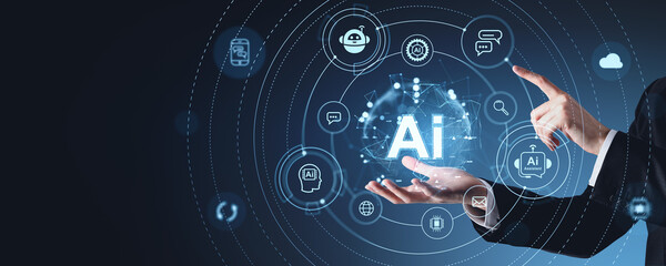 Hands interacting with AI technology icons on a virtual interface.