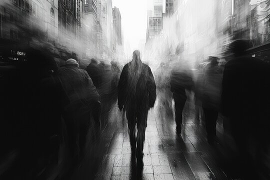 A lone individual walks through a busy street, surrounded by others who seem disconnected and unaware. The contrast of the solitary figure moving amidst the crowd highlights a sense of alienation and