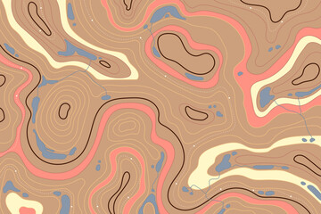 Topographic map with mountain relief, contur abstract wavy lines, top view land