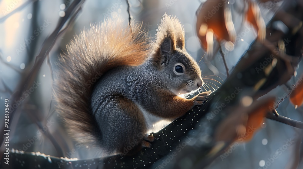 Poster close-up of a squirrel sitting on a branch with its bushy tail curled around it.