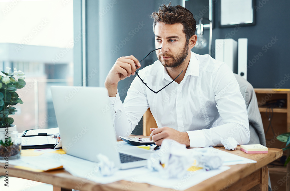 Poster business man, laptop and thinking with mess, mistake and problem solving for solution at insurance a