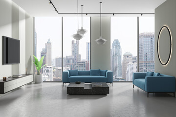 Home living room interior with couch and drawer, tv and panoramic window