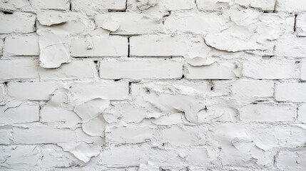 Obraz premium Peeling white paint on a brick wall revealing underlying texture and wear over time