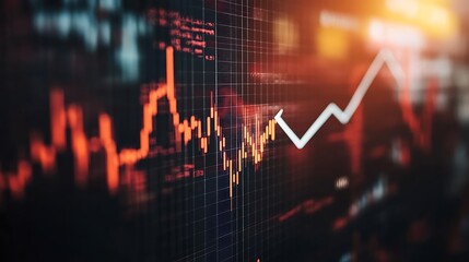 Closeup of a stock market chart with a white line showing a positive trend and red lines showing negative trends on a dark background.