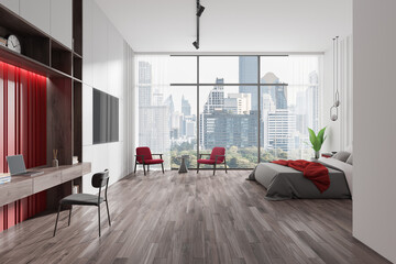 Modern bedroom interior with city view and wooden floor. 3D Rendering