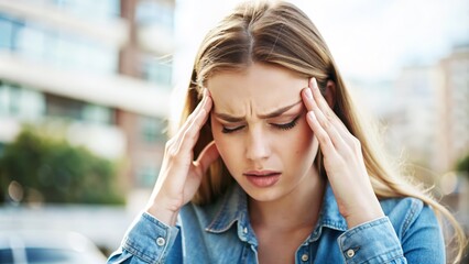 Fototapeta premium Young Woman Experiencing Headache with Pained Expression Indoors
