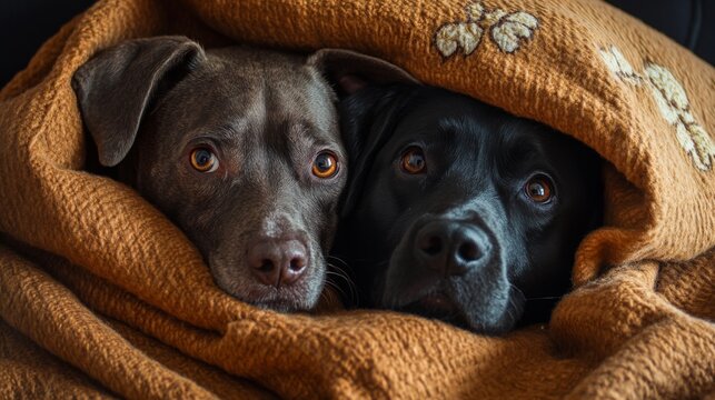 Two adorable dogs snuggle together under a warm, orange blanket, creating a cozy and heartwarming scene that highlights their bond and companionship, perfect for pet lovers.