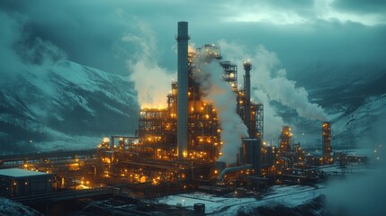 Industrial Complex Against Snowy Mountains
