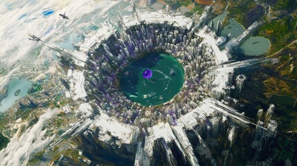 A breathtaking view of a futuristic city with a circular center surrounded by towering skyscrapers, exemplifying advanced architecture and a visionary approach to urban development.