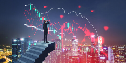 Businessman on concrete stairs, New York skyline. Falling forex diagram