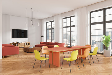 Modern living and dining area with colorful furniture and large windows. 3D Rendering