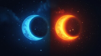 Fototapeta premium Two crescent moons, one blue and one red, juxtaposed in a star-filled sky, capturing the essence of contrast, balance, and the interaction of opposing forces.
