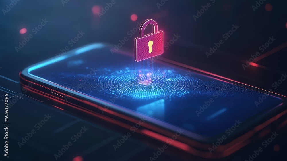 Poster futuristic smartphone security concept with biometric lock screen and holographic padlock for secure