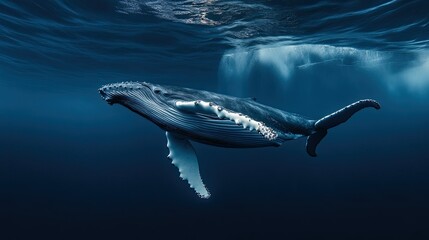 A majestic humpback whale swims gracefully underwater in the deep ocean - AI Generated Digital Art